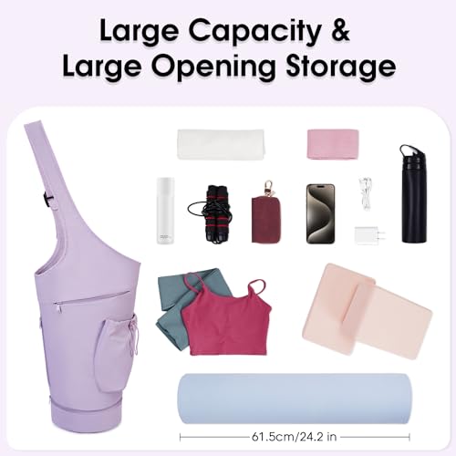 sportsnew Yoga Mat Bag, Large Opening Long Tote Yoga Mat Carrier Holder Bag with Waterproof Wet Pocket and Drawstring Water Bottle Pocket, Adjustable Shoulder Strap Storage Bag, patent pending - color: Purple