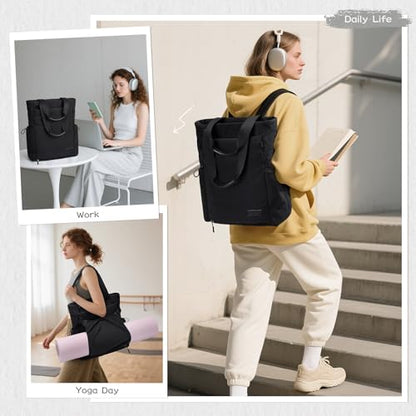 GOLF SUPAGS 3-in-1 Laptop Tote Backpack for Women 15.6" Quilted Work Gym Bag with Hidden Yoga Mat Carrier for Travel Leisure (Black) - color: Black