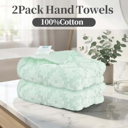 VOOVA & MOVAS Green Hand Towels 2 Pack, 100% Cotton, 13x29 in | Lightweight Fluffy, Absorbent & Quick Dry, Fade Resistant, Jacquard Pattern, Built-in Hanging Loop, Gentle on Skin - color: Green