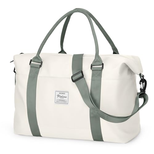 Travel Duffel Bags for Women Mens Waterproof Weekender Carry on Bag Sports Gym Bag Travel Tote Bags with Wet Pocket Overnight Bag Workout Duffel Bags with Trolley Sleeve Beige with Green - color: F9-Beige Green