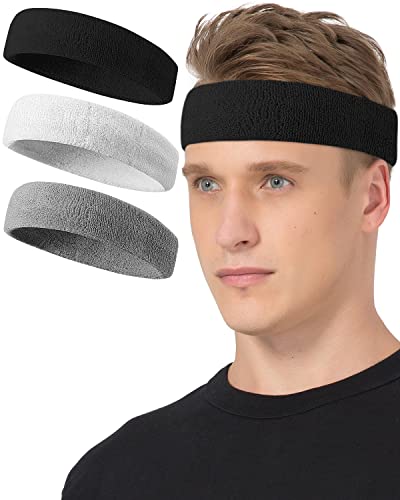 Tanluhu Sweatbands Sport Headbands for Working Out, Exercise, Tennis, Basketball, Running - Terry Cloth Athletic Sweat Cotton Headband Outdoor for Men & Women - color: Black/White/Gray