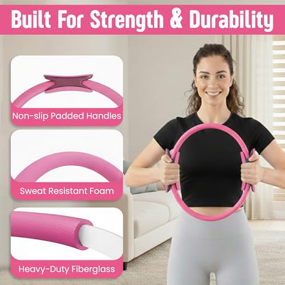Pilates Kit for Women – 16 Pcs Home Pilates Equipment Set with Magic Circle Ring, Ball, 5 Resistance Bands, Yoga Strap, Ankle Weights, Grip Socks & More | Pilates Starter Kit - color: Pink