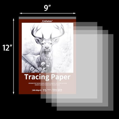 Crehatos 9" x 12" Tracing Paper, Translucent Tracing Pad, 75 Sheets | 38lb/60gsm Vellum Art Paper for Drawing, Sketching, Overlays - size: 9" x 12" (75 Sheet)