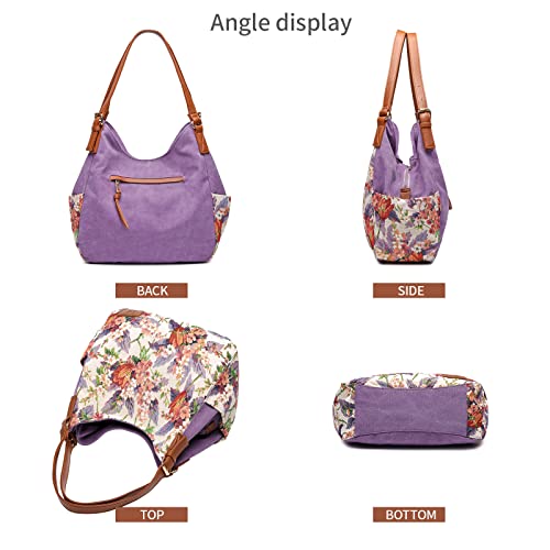 Worldlyda Women Canvas Hobo Purse Multi Pocket Tote Shopper Shoulder Bag Casual Top Handle handbag with Embroidery Ethnic - color: Be06purple Flower