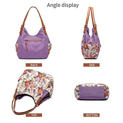 Worldlyda Women Canvas Hobo Purse Multi Pocket Tote Shopper Shoulder Bag Casual Top Handle handbag with Embroidery Ethnic - color: Be06purple Flower
