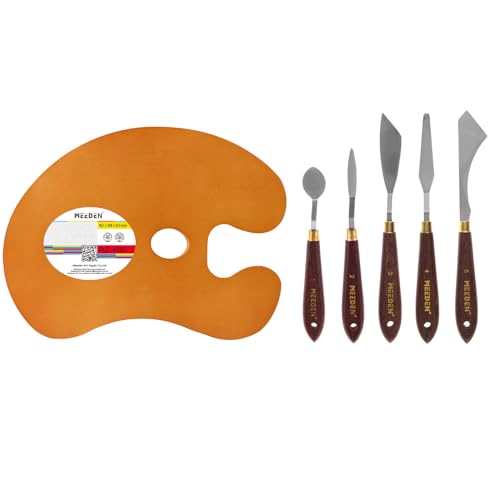 MEEDEN 5-Piece Painting Knife Set with Wood Palette for Color Mixing, Spreading, Applying Oil, Acrylic, Epoxy, Pouring Paint