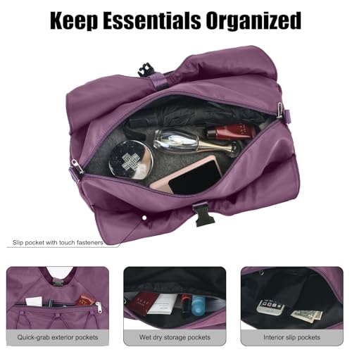 Forestfish Gym Bag For Women With Yoga Mat Holder, Purple | Shoe Compartment, Wet Dry Storage Pocket, Removable Shoulder Strap, Lightweight & Water Resistant - color: Purple