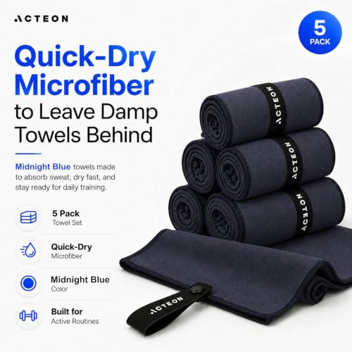 Acteon Microfiber Gym Towels 5 Pack, Quick Dry Silver ION Odor-Free Super Absorbent Sweat Towels for Men & Women, Workout, Yoga, Running, Beach, Travel – 16x30.5 Inch (Midnight Blue) - color: Midnight Blue, size: Pack of 5