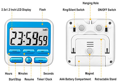 4-in-1 Digital Timer with Count Up/Down, Clock & Alarm, Ring & Silent Modes - color: Blue