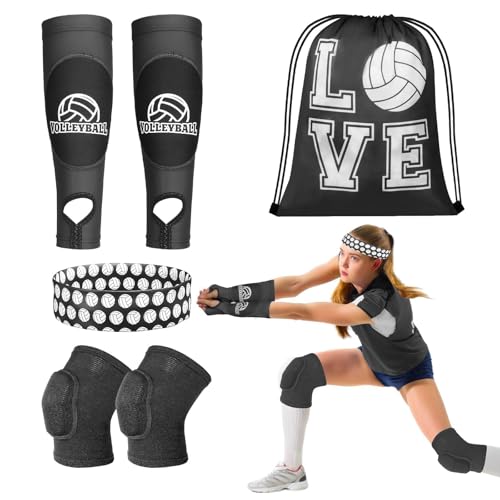 6 Pcs Volleyball Knee Pad and Arm Sleeve Volleyball Accessories Protection Equipment Stuff Forearm Elbow Sleeve Wrist Guard with Protection Pad and Thumb Hole for Women Men Training - color: Black, size: Small