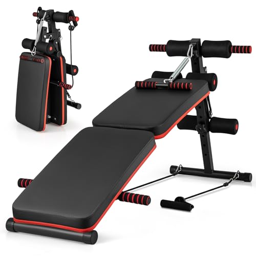 GYMAX Sit Up Bench, 330lbs Folding Decline Workout Bench with Spring Handle, Elastic Ropes & 4 Level Adjustable Height, Incline Weight Bench for Situp, Ab Crunch, Strength Training Exercise for Home Gym