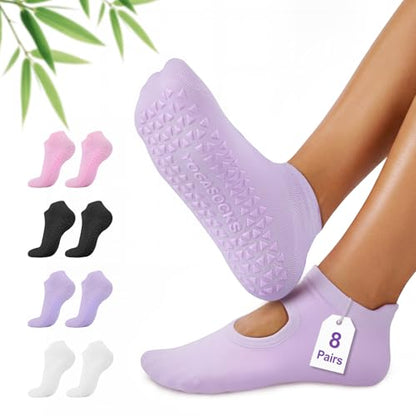 ALLIVE Pilates Socks with Grips for Women, Bamboo Breathable Non Slip Socks for Yoga, Barre, Studio, and Home Use - color: 8pairs 2black2white2pink2purple