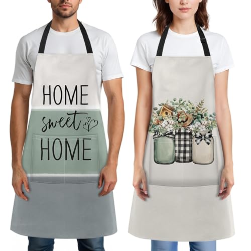 Apron with Pockets, 32x28 inch, 2 Pack, Sage Green | Eucalyptus Leaf Floral Herbs Adjustable Bib with Pockets for Women Men Couple Lovers Chef Home Baking Gardening - color: Cream Green