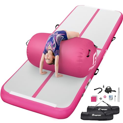FBSPORT Inflatable Air Gymnastics Mat 4 inches Thickness and Air Roller 40x23.6 inches with Electric Air Pump 10ft/13ft Training Mats for Home Use Cheerleading Outdoor Training Park Yoga Beach - color: Pink, size: Mat: 13ft x 3.3ft x 4in | Roller: 39.37in