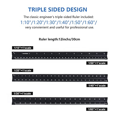 Architectural&Engineering Triangular Scale Ruler, 12 Inch Architectural Scale Ruler Set, Laser-Etched Aluminum with Stainless Steel Ruler for Architects, Students, Draftsman, Engineers (3 PCS) | 12'' Black Architectural Scale Ruler Set, Laser-Etched Alumi
