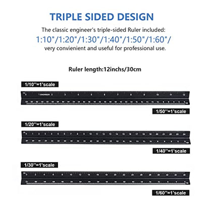 Architectural&Engineering Triangular Scale Ruler, 12 Inch Architectural Scale Ruler Set, Laser-Etched Aluminum with Stainless Steel Ruler for Architects, Students, Draftsman, Engineers (3 PCS) | 12'' Black Architectural Scale Ruler Set, Laser-Etched Alumi