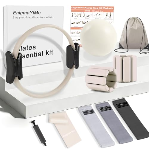 Pilates Ring Kit with Adjustable Ankle Wrist Weights, Resistance Bands, Ball, Pilates Equipment Ball for Home Workout to Tone, Sculpt and Strengthen, Fitness Magic Circle Rings for Yoga Women - color: Beige