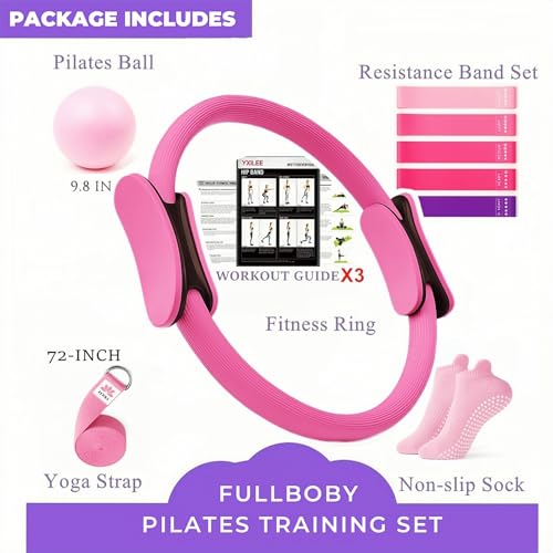 YXILEE Pilates Ring Circle Set - Workout at Home Workout Equipment Women - Booty Bands Stretching Equipment Pilates Mini Exercise Ball for Legs Arms and Thighs - color: Pink