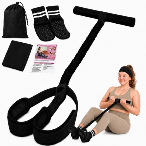 Sit Up Pedal Resistance Band, Upgraded Stitched Core Workout Equipment, 3-in-1 Anti-Snap Pull Rope Stretching Kit with Non-Slip Yoga Socks & Sports Headband - color: C-Black, size: 55LB