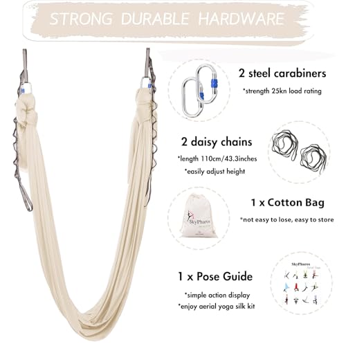5.5 Yards Aerial Silks Yoga Swing Set - Aerial Yoga Hammock Kit Anti-Gravity Flying for Fitness, Low/Non Stretch Nylon Tricot Fabric Hardware Included for Dance - color: CHAMPAGNE
