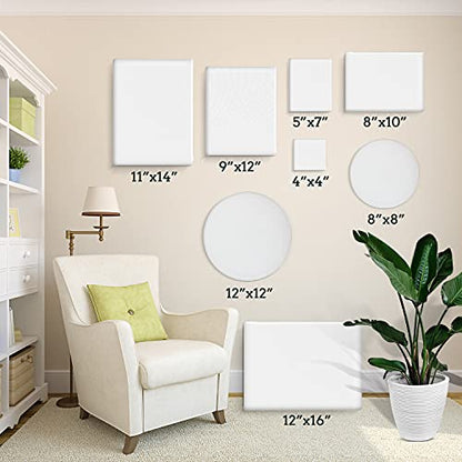 24 Pack Canvases for Painting with 4"x4", 5"x7", 8"x10", 9"x12", 11"x14", 12"x16", Round Canvas with 12"x12", 8"x8", Painting Canvas for Oil & Acrylic Paint. - size: 24 Packs - 8 Sizes (3 of Each)