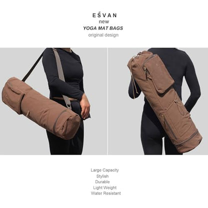 ESVAN Yoga Mat Bag with Multi Pockets Drawstring Yoga Mat Carrier Pilates Exercise Multi-Functional Storage Bag - color: Nylon Coffee
