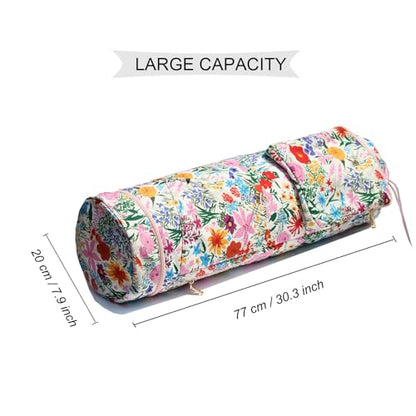 ESVAN Yoga Mat Bag with Multi Pockets Drawstring Yoga Mat Carrier Pilates Exercise Multi-Functional Storage Bag - color: Canvas Pink Flower