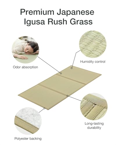 FULI Japanese Tatami Mattress, Foldable Igusa Rush Grass, Natural, Twin XL | Tatami Rug, Japanese Floor Mattress Mat, Made in Japan, 0.5 in thick, firm woven surface, tri-fold design - size: Twin XL (83"L x 39"W x 0.5"Th), style: Foldable Mat
