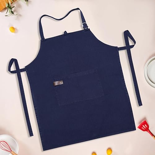 100% Cotton washed Apron with Pocket and Adjustable Neck with Long Ties Apron 25" X 31" for Women Men Chef Cooking, Baking, Gardening, Navy blue