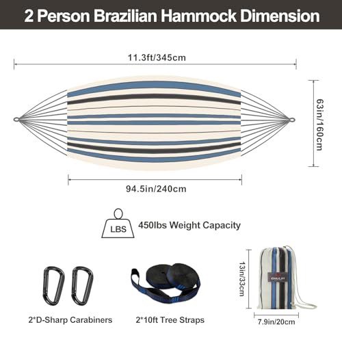 Brazilian Double Hammock with Tree Straps, Extra Large, 450 lbs Capacity - color: Blue White Stripe, size: X-Large
