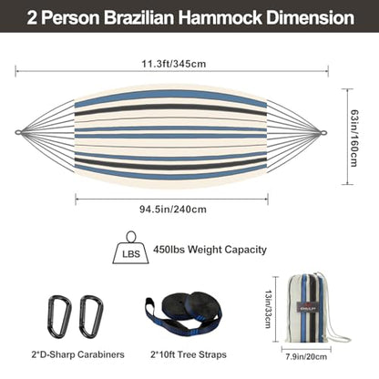Brazilian Double Hammock with Tree Straps, Extra Large, 450 lbs Capacity - color: Blue White Stripe, size: X-Large