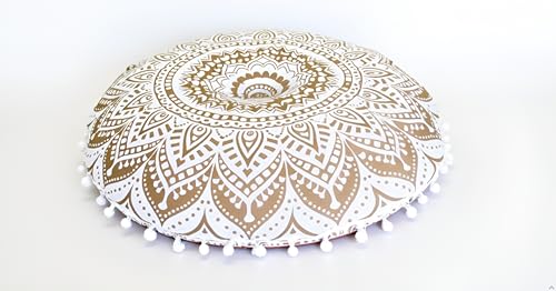 32" Gold Mandala Barmeri Large Floor Pillow Cover Cushion Meditation Seating Ottoman Throw Cover Hippie Decorative Zipped Bohemian Pouf Ottoman Poufs, Pom Pom Pillow Cases (White Gold, 32" Round) - color: White Gold, size: 31.9"D x 31.9"W x 2"H