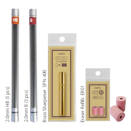 WN03 Wooden Mechanical Pencil Set, 2.0mm Extra Bold, Thick Barrel, Incense Cedar Yellow Pencil with Lead Refills (HB, B), Eraser Refills, and Brass Sharpener for Writing, Sketching, Drawing