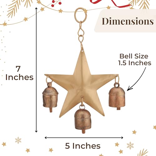 Wind Chime for Outside with 3 Rustic Cow Bells – Gold Metal Hanging Jingle Bell Chime for Yard, Garden, Wall, Outdoor Indoor Home Decor, Christmas Ornament, Boho Farmhouse Decor (Star 7x5) - color: Golden Star Chime