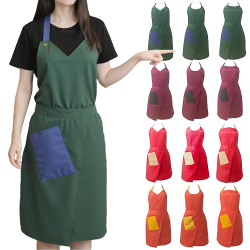 Kitchen Apron with Pockets for Adults,Waterproof Cooking Aprons for Women/Men,Baking/Grilling,Green/Orange/Wine Red - color: Green, size: round neck