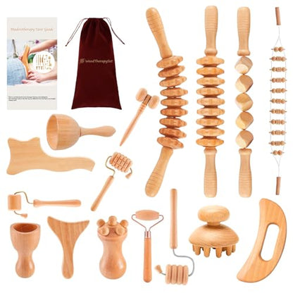 16-in-1 Wood Therapy Massage Tools Gua Sha, Maderoterapia Kit Muscle Pain Relief, Lymphatic Drainage, Body Sculpting Kit with Facial Wood Roller Fascia Massage - color: 16pcs