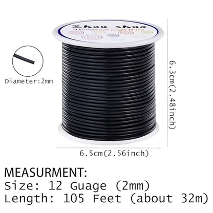 12 Gauge(2mm) Aluminum Wire 35 Yards Anodized Metal Wire for Bonsai Armature Crafting Sculpting Jewelry Craft Making Beading Floral (Black, 12 Gauge) - color: Black