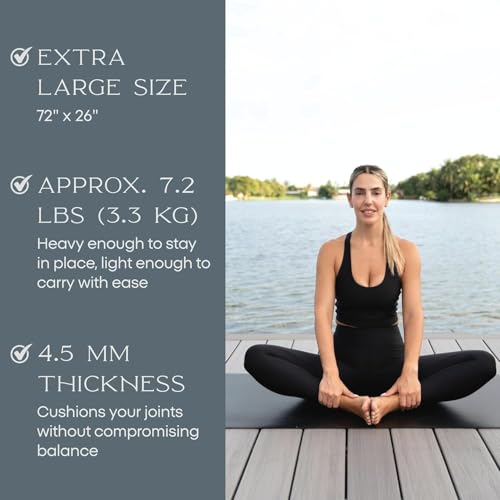 FFLLOOWW Premium Non Slip PU Yoga Mat 72.8” x 26.8” 4.5mm – Eco Friendly Natural Rubber Exercise Mat for Hot Yoga, Pilates & Home Workout with Carry Strap - color: Black