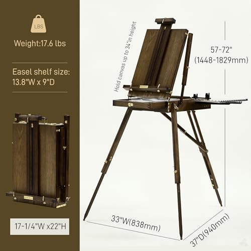 French Easel for Painting: Deluxe Beech Wood Plein Air Easel Stand with Metal Side Tray - Portable Sketchbox for Outdoor Field & Studio - Holds Canvas up to 34"- Gray Walnut - color: gray walnut