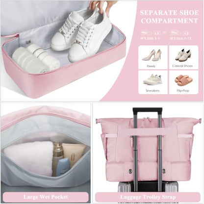 Gym Bag for Women, 45L Carry On Travel Duffel Bag with Shoes Compartment - color: Pink, size: Large
