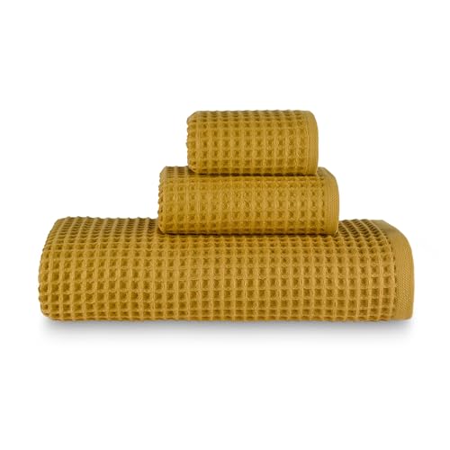 sea me at home Waffle Bath Sheet Set, 100% Turkish Cotton, Includes 1 Bath Sheet, 1 Hand Towel, 2 Face Towels - color: Mustard, size: Bath Sheet Set (4 Pieces)