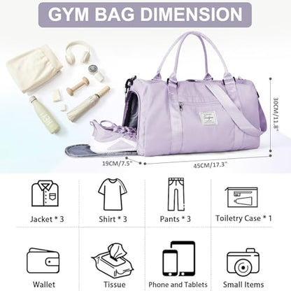 Gym Bag for Women Men with Shoes Compartment,Sports Duffle Bag Personal item travel Duffel Bags Tote Bag Small Carry on Weekender Overnight Bag Workout Dance Bag Hospital Holdalls Light Purple - color: A13-Light Purple
