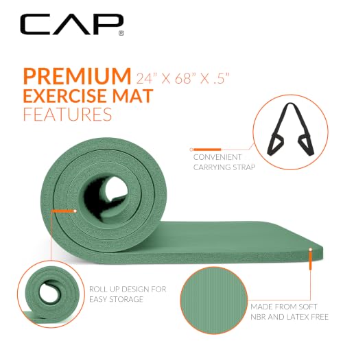 CAP Barbell 1/2-Inch High Density Exercise Yoga Mat with Strap | Multiple Options - color: Green, style: Yoga Mat