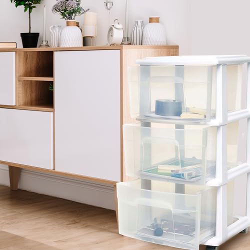 HOMZ Drawer Tower 3-Tier Storage Cart, Removable Wheels, White Frame,2 Pack | Plastic Organizer with Clear Bin Drawers for Bedrooms, Bathrooms, Home Offices, and Dorm Rooms - color: White, size: 2 Pack