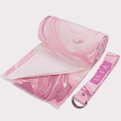 VI-FA Soft Yoga Mat Towel Hot Yoga Towel Non Slip Microfiber Yoga Mat Cover with 6 Feet Yoga Strap/Mat Carry Strap for Workout, Gym, Fitness -Pink Marble Pattern 68" X24''