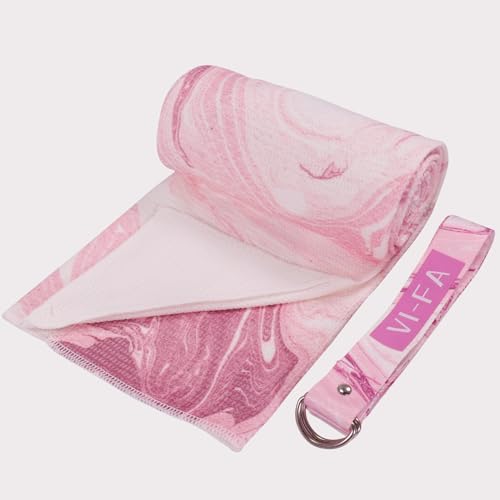 VI-FA Soft Yoga Mat Towel Hot Yoga Towel Non Slip Microfiber Yoga Mat Cover with 6 Feet Yoga Strap/Mat Carry Strap for Workout, Gym, Fitness -Pink Marble Pattern 68" X24''
