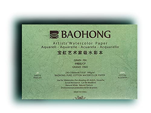 BAOHONG Artists' Watercolor Paper Block (20 Sheets, glued on Four Edges), 100% Cotton, Acid-Free, 140LB/300GSM, Watercolor Art Supplies for Wet, Dry, and Mixed Media Painting (Cold Press 8.3"X5.9") - size: TEXTURED COLD PRESS 8.3"X5.9"