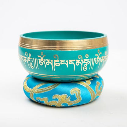 Tibetan Singing Bowl Set - 4" Easy To Play Authentic Handmade For Meditation Sound 7 Chakra Healing By HIMALAYAN BAZAAR (Turquoise Blue, 4") - color: Turquoise