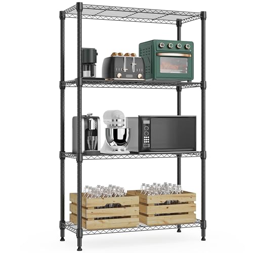 M MZG 1000 lbs 4Tier Shelf Metal Storage Shelves Wire Rack Closet Organizers with Wheel for Garage Kitchen Bathroom Laundry Black 13.7" D x 23.6" W x 53.4" H - color: Black, size: 4 tiers, 13.7"D x 23.6"W x 53.4"H