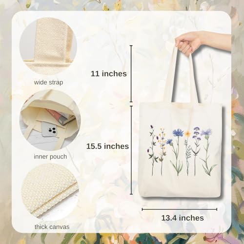 Aesthetic Canvas Tote Bag for Women with Inner Pocket - color: Flower-blue
